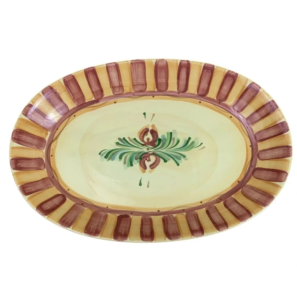 Gail Pittman Hand Painted Ceramic Oval Serving Platter Floral Striped Burgundy